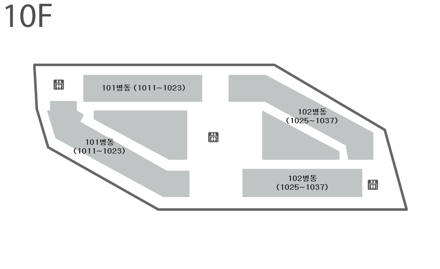 10층 왼쪽에는 101병동(1011~1023)병동, 오른쪽에는 102병동(1025~1037)이 위치하고 있습니다. 엘리베이터는 10층의 왼쪽, 중앙, 오른쪽에 각각 1대씩 총 3대 위치합니다.