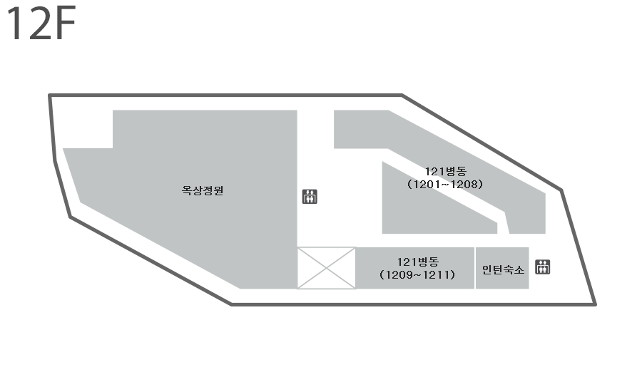 12층 왼쪽에는 옥상정원, 12층 오른쪽에는 121병동(1201~1208)이 있고, 12층 오른쪽 하단에는 인턴숙소, 121병동(1209~1211)이 있습니다. 엘리베이터는 옥상정원, 인턴숙소 근처에 각각 1대씩 있습니다.