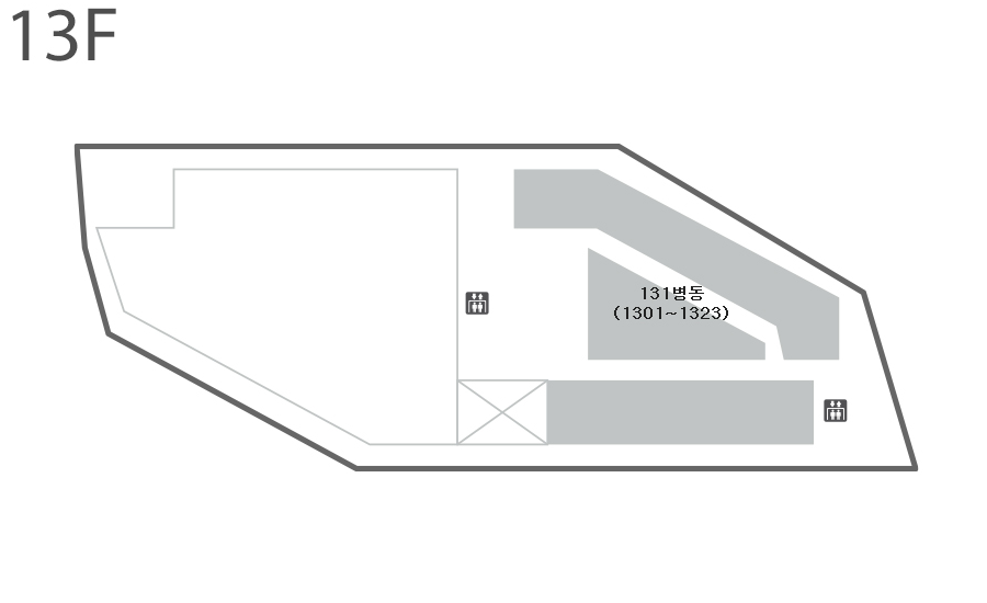 13층에는 131병동(1301~1323)이 있습니다. 엘리베이터는 13층 중앙, 오른쪽에 각각 1대씩 있습니다.