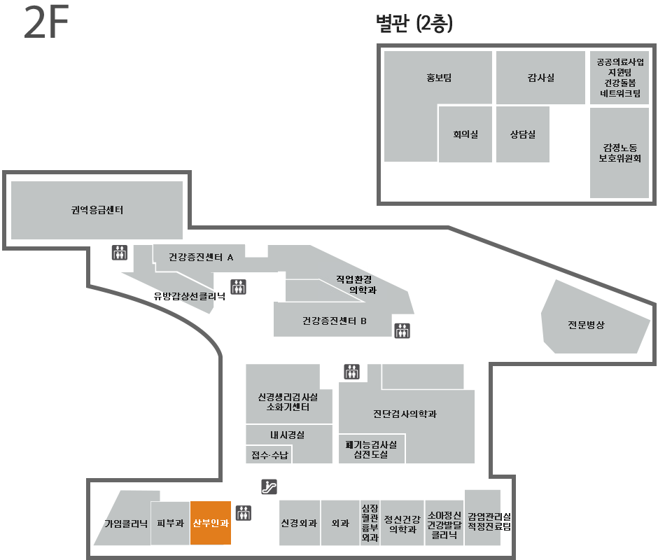 산부인과 위치는 2층 하단, 피부과 옆입니다.