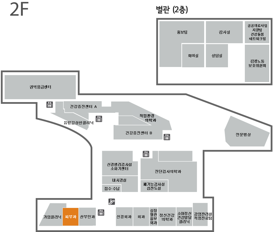 피부과 위치는 2층 하단, 산부인과 옆입니다.