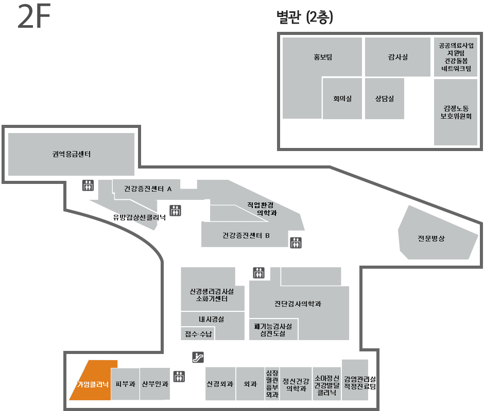 2층 중앙 신경생리검사실, 엘리베이터, 진단검사의학과 기준으로 12시방향 엘리베이터, 7시 방향 당뇨병센터가 위치하고 있습니다.