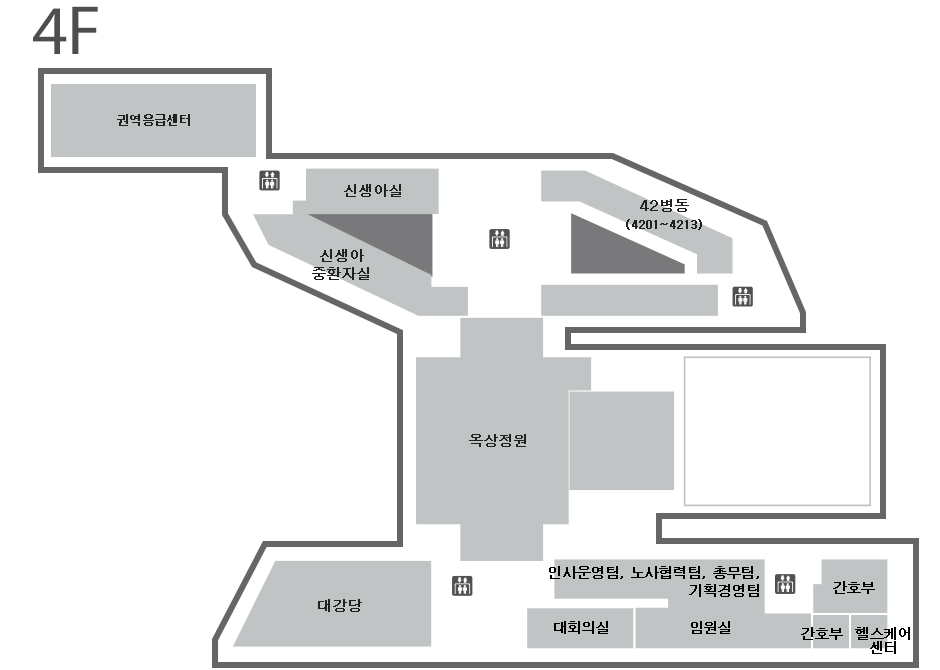 4층 중앙에 옥상정원이 있으며, 4층 위쪽에는 권역응급센터, 신생아 중환자실, 신생아실, 42병동(4201~4213)이 있습니다. 4층 아래쪽에는 대강당, 인사운영팀, 노사협력팀, 총무팀, 기획경영팀, 대회의실, 임원실, 간호부, 헬스케어센터가 있습니다. 엘리베이터는 신생아실 근처 2대, 42병동, 대강당 간호부 근처에 각각 1대씩 있습니다.