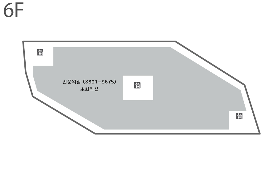 6층에는 전문의실(S601~S675), 소회의실이 위치하고 있습니다. 엘리베이터는 6층의 왼쪽, 중앙, 오른쪽에 각각 1대씩 총 3대 위치합니다.