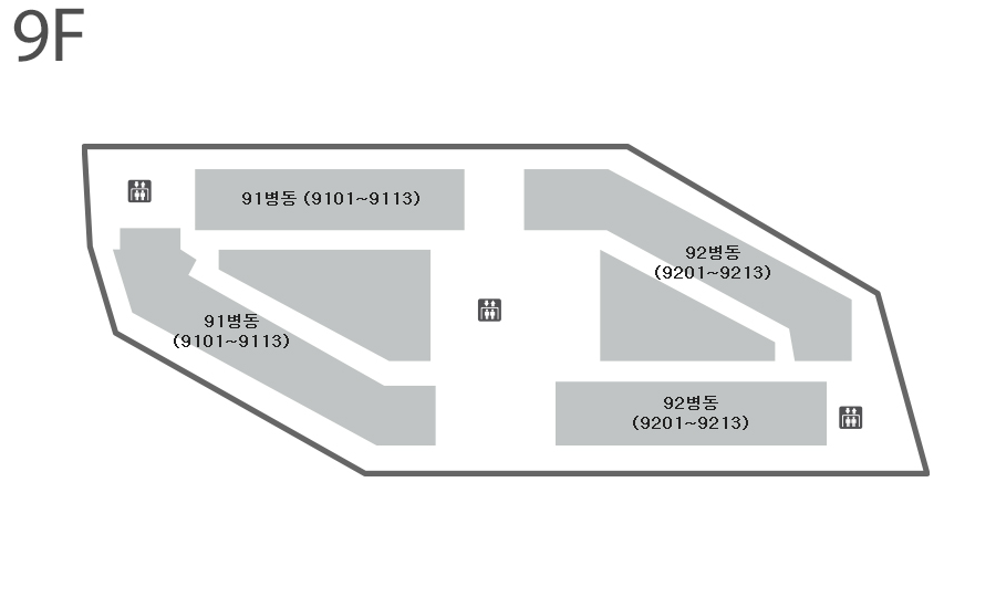 9층 왼쪽에는 91병동(9101~9113)병동, 오른쪽에는 92병동(9201~9213)이 위치하고 있습니다. 엘리베이터는 9층의 왼쪽, 중앙, 오른쪽에 각각 1대씩 총 3대 위치합니다.
