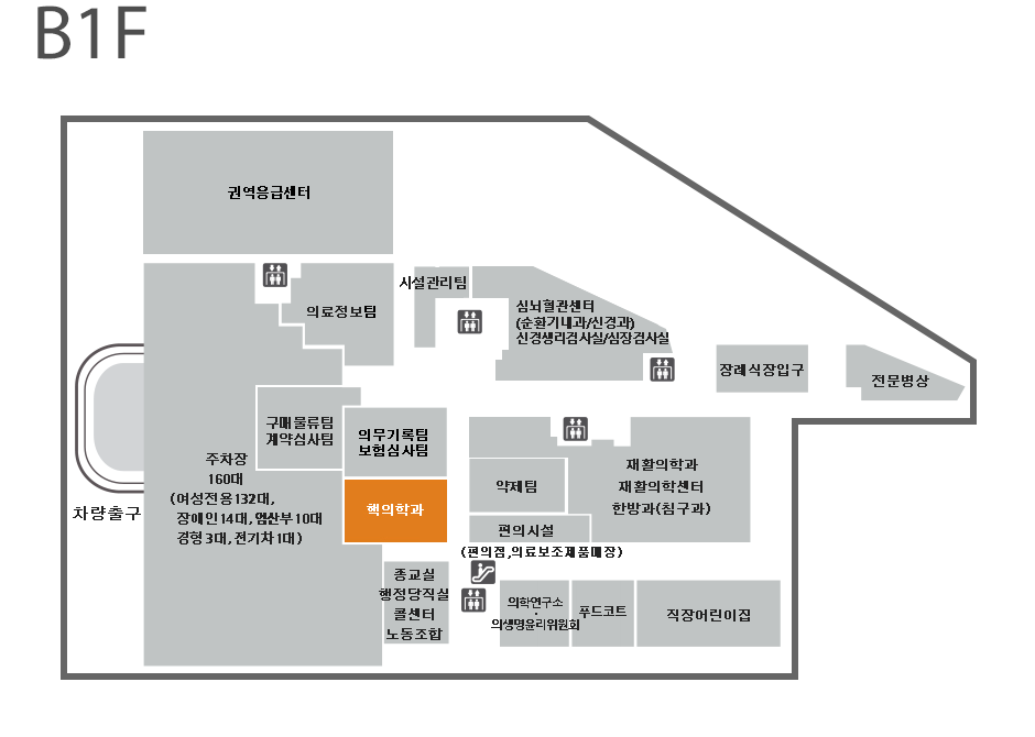 핵의학과 위치는 지하 1층 의무기록팀 및 보험심사팀 옆입니다.