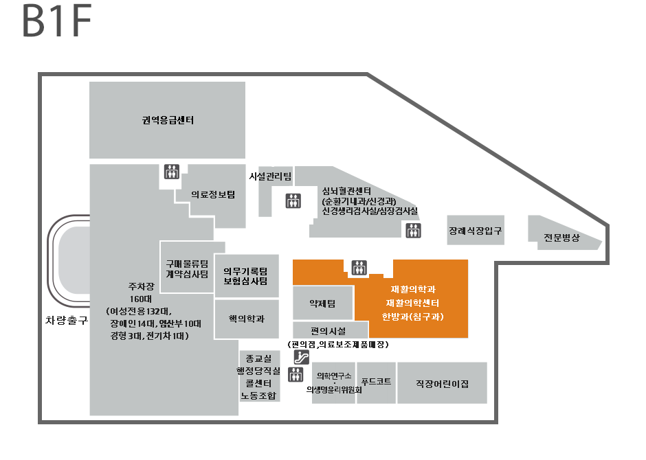 재활의학과 위치는 지하 1층 중앙, 약제팀 옆입니다.