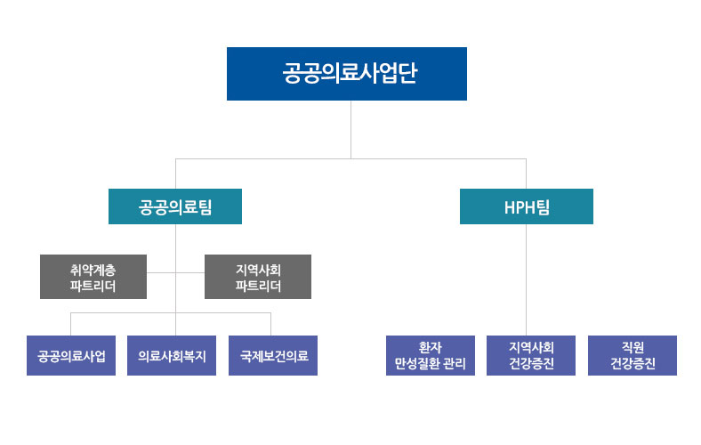 서울의료원 공공의료사업단 조직도입니다. 다음 내용을 참조